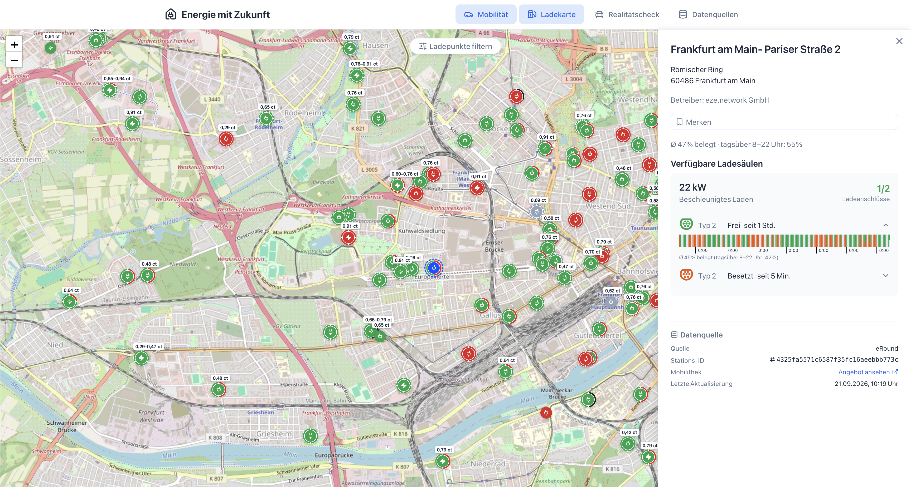 Ladekarte des Energieportals mit Preisen, Live-Status und Standortdetails