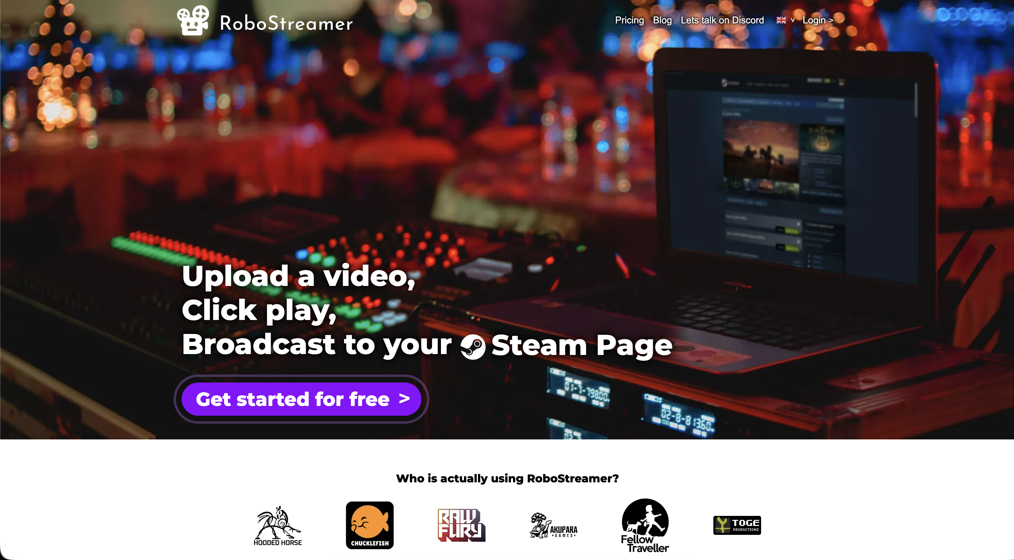 Startseite des Streaming-SaaS RoboStreamer